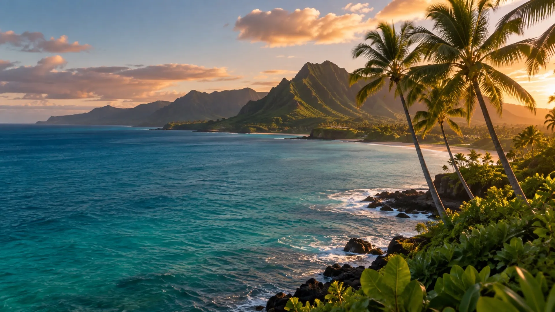 Hawaiian coastline at golden hour, palm trees over turquoise water and green mountains