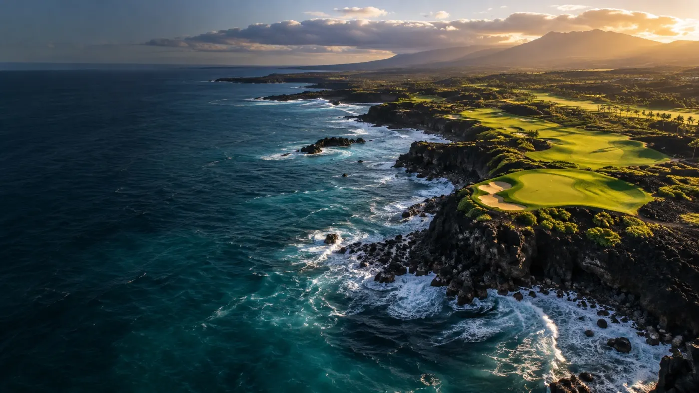Oceanfront golf course on dark volcanic cliffs at sunset