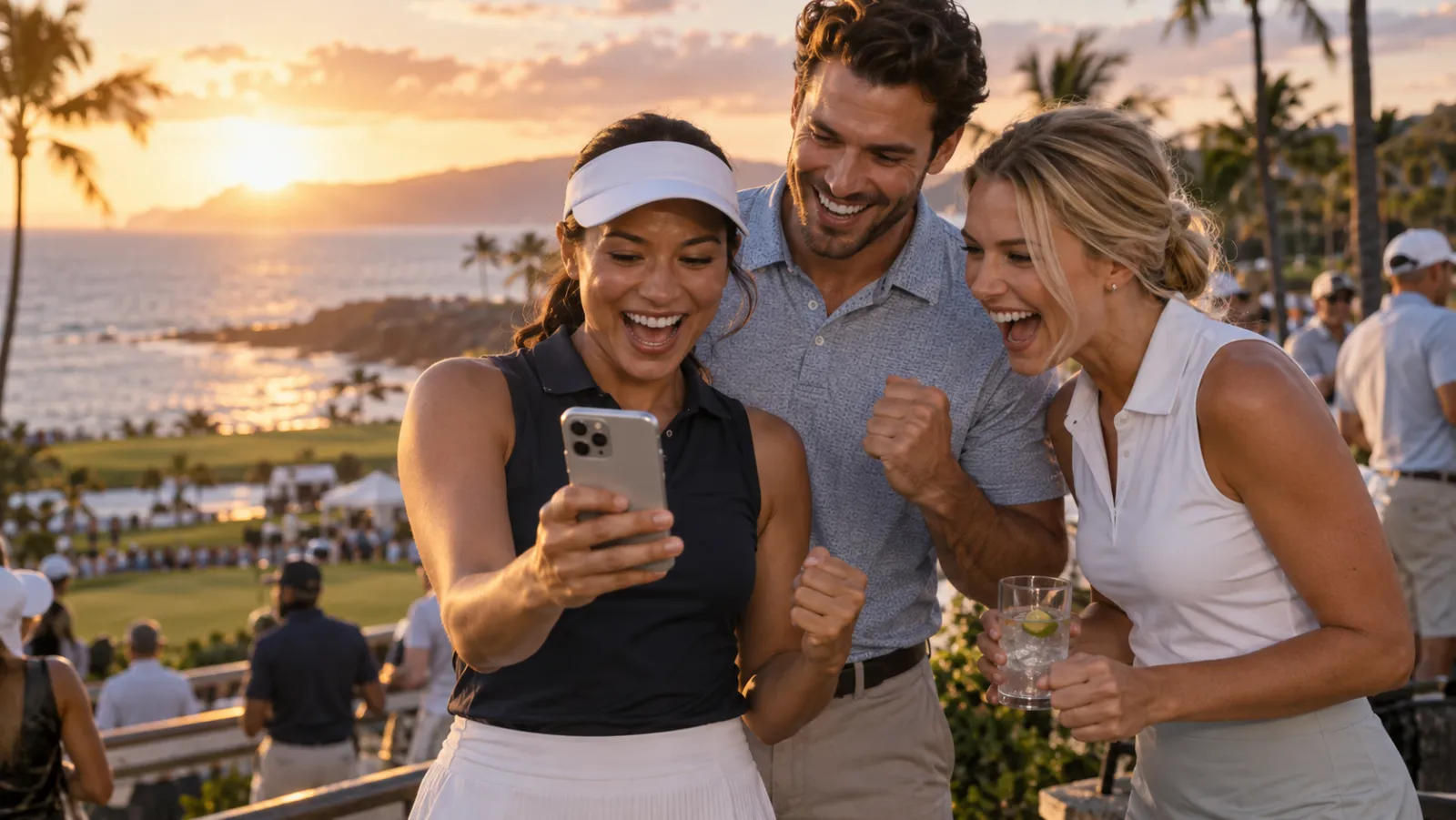 Three friends at a sunset golf event by the ocean in Hawaii, celebrating around a smartphone